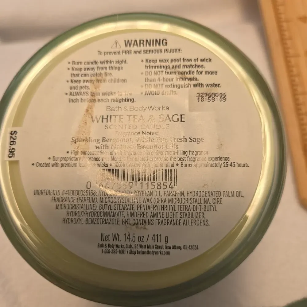 Bath & Body Works 3 Wick Candle WHITE TEA & SAGE 14.5 OZ - Picture 5 of 5